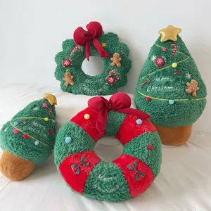 Christmas plush pillow set, festive tree and wreath cushions for home sofa bedroom decor.
