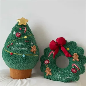 Christmas tree and wreath plush throw pillows, soft holiday decor for sofa and bed.