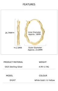 Orecchini a cerchio irregolari e ondulati in argento sterling S925 modello EH247.