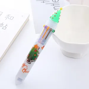 Christmas multi-color ballpoint pen with cute tree topper, 10-color press pens for students.