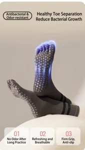 Details zu rutschfesten Zehensocken mit Noppen und atmungsaktivem Material beim Sport.