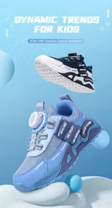 Kids rotating buckle mesh casual sneakers, comfortable breathable athletic running shoes for children.