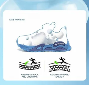 Kids running shoes detail view showing breathable mesh upper and shock-absorbing cushioning sole.