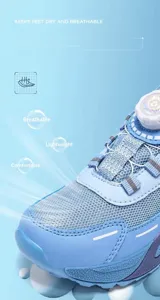Kids breathable mesh running shoes detail view, dial lace system, light blue athletic footwear.