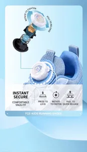 Kids running shoes detail showing rotary buckle lacing system, breathable mesh upper.