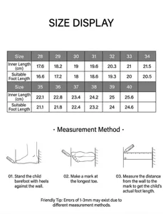 Size chart and measurement guide for children's outdoor sports shoes sizes 28-40.