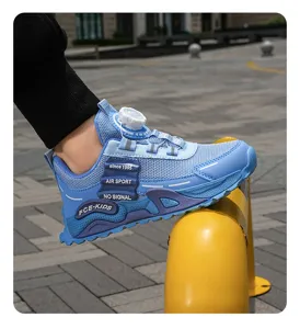 Kids outdoor mesh sports sneakers with rotary buckle design, stylish blue casual running shoes.