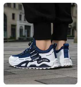 Kids outdoor rotary button sports shoes, blue and white mesh casual sneakers for children.