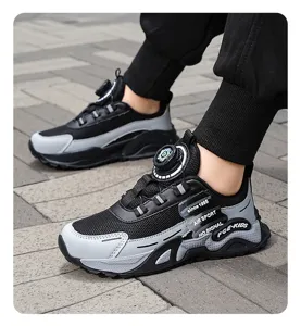 Kids rotary dial outdoor sports shoes, breathable mesh casual hiking running sneakers detail.