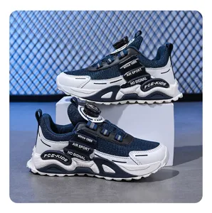 Children rotary button mesh sneakers, blue white casual hiking outdoor running shoes kids.