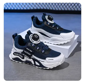 Kids casual mesh running shoes with rotary button, comfortable outdoor sneakers for spring.