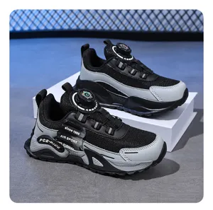 Kids rotary button outdoor sports shoes mesh casual hiking running shoes black grey spring