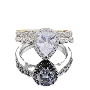Elegante juego de anillos de circonita corte pera, joyería fina de mujer brillante.