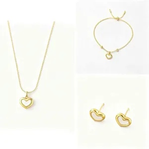 18K Gold Plated Titanium Steel Heart Jewelry Set Necklace Bracelet Earrings Size Specs