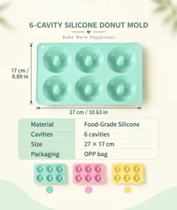 6-cavity silicone donut mold for baking, flexible non-stick cake pan in macaron colors.