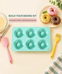 Silicone 6-cavity donut baking mold detailed view with pastel kitchen utensils and props.