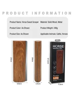 Wooden horse sweat scraper pet grooming tool with stainless steel blade for shedding.