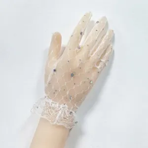 White lace mesh short bridal wedding gloves with rhinestones for women, elegant party wear.