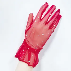 Red sheer mesh lace gloves with sparkling rhinestones, short bridal wedding accessory detail.