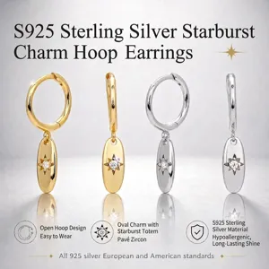 925 Sterling Silver Hoop Earrings With Oval Starburst Pendant Zircon Inlaid Geometric North Star Octagram Jewelry For Women