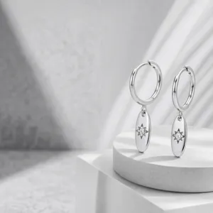 S925 silver octagonal hoop earrings with star diamond pendant, luxury fashion style.