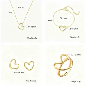 Gold twisted heart jewelry set including necklace, bracelet, earrings and ring with sizes.
