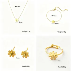 Elegant stainless steel daisy jewelry set featuring a necklace, bracelet, earrings and ring.
