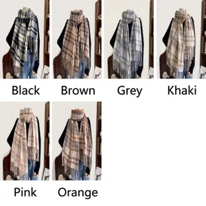 Women winter plaid tassel scarf cashmere feel warm neck wrap fashion casual daily wear accessory