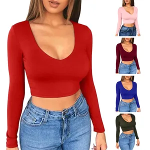 Women Sexy Slim Fit Long Sleeve Crop Top U-Neck Solid Color Pullover T-Shirt Basic Streetwear Spandex Top