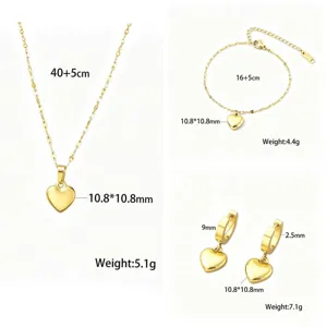Titanium steel 18K gold heart pendant necklace bracelet earrings jewelry set for women.