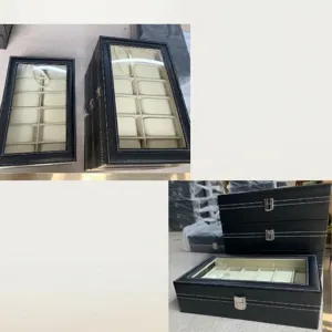 Scatola porta orologi in pelle PU nera con coperchio in vetro 12 scomparti astuccio