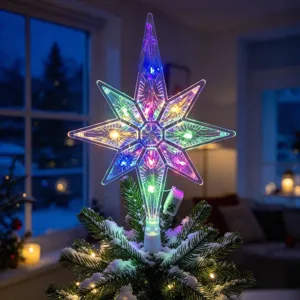 Puntale per albero di Natale in plastica trasparente con luci lampeggianti colorate e calde.