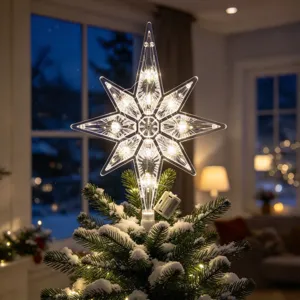 Puntale per albero di Natale in plastica trasparente con luci calde per decorazioni natalizie.