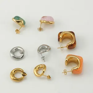 Pendientes de tuerca geométricos de acero inoxidable resina multicolor joyería