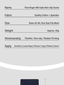 Non-slip five finger yoga mid-tube socks, cotton spandex blend, size 35-40 for sports.