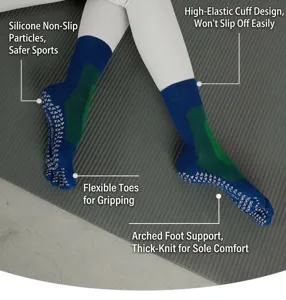 Close-up detail of anti-slip five-toe yoga socks with silicone grip dots and arch support.
