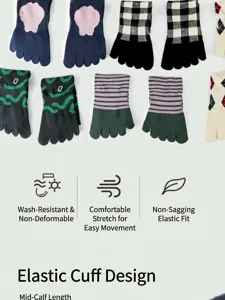 Detail shot of cotton five-finger yoga socks featuring elastic cuffs and various patterns.