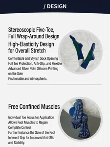 Detail view showcasing non-slip five-toe yoga socks features, high elasticity and grip.