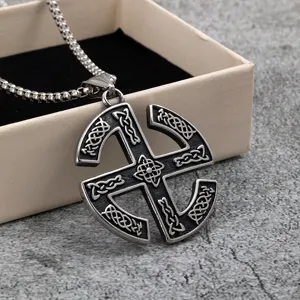 Vintage Stainless Steel Viking Slavic Sun Wheel Pendant Necklace For Men Retro Punk Geometric Totem Carved Amulet Jewelry Gift