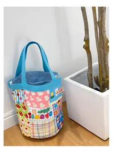 Joli sac seau en toile pour femmes, cabas imprimé dessin animé coloré, sac de repas décontracté.