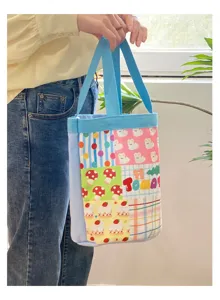 Joli sac cabas en toile au design patchwork ludique, sac à main décontracté pour usage quotidien.