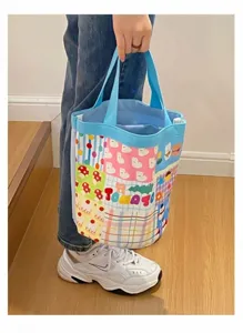 Joli sac seau en toile pour femme, sac à main patchwork tendance avec imprimé dessin animé.