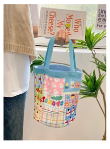 Sac seau en toile mignon pour femmes, sac à main imprimé décontracté avec poignées.