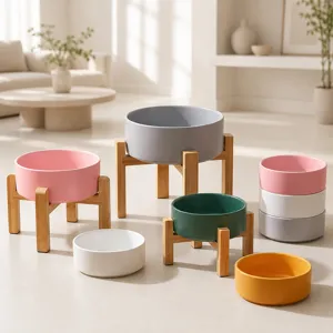 Elevated Ceramic Cat Bowl With Bamboo Stand Anti-Vomit Neck Protection Pet Food Water Bowl For Cats Small Dogs