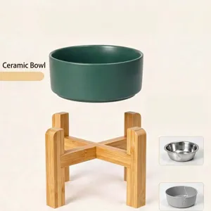 Elevated ceramic cat bowl with natural bamboo wood stand pet feeder anti vomiting food water