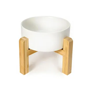 Ceramic pet bowl with bamboo stand raised cat food water bowl for daily feeding use