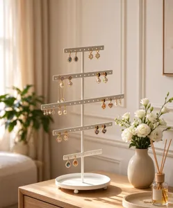 Detail shot of white 5-tier metal earring display stand in cozy home setting showcasing jewelry.