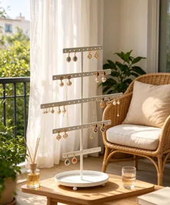 Nordic 5-tier white metal jewelry display stand for earrings, necklaces, and accessories detail view.