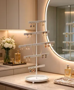 Modern white metal 5-tier earring display stand, perfect for jewelry organization and desktop decor.