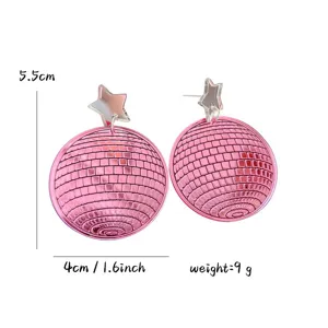 Boucles d'oreilles boule disco miroir rose avec clous étoile, bijoux rétro en acrylique.